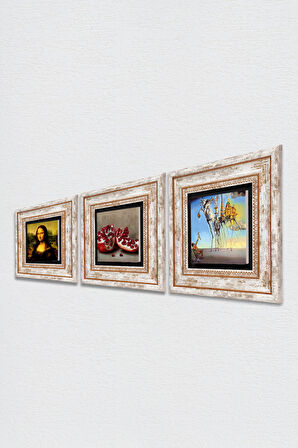 Salvador Dalí, Leonardo da Vinci Mona Lisa, Nar Taş Duvar Tablosu Çerçeveli Duvar Dekoru 3 Parça Tablo Seti Wall Art