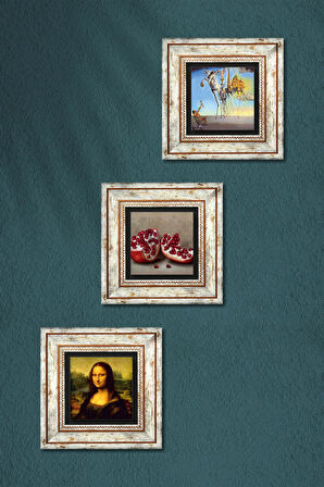 Salvador Dalí, Leonardo da Vinci Mona Lisa, Nar Taş Duvar Tablosu Çerçeveli Duvar Dekoru 3 Parça Tablo Seti Wall Art