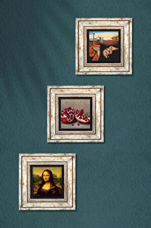 Salvador Dalí Belleğin Azmi, Da Vinci Mona Lisa, Nar Taş Duvar Tablosu Çerçeveli Duvar Dekoru 3 Parça Tablo Seti Wall Art