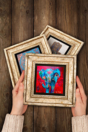 Fil, Nazar, Tavus Kuşu Taş Duvar Tablosu Çerçeveli Duvar Dekoru 3 Parça Tablo Seti Wall Art