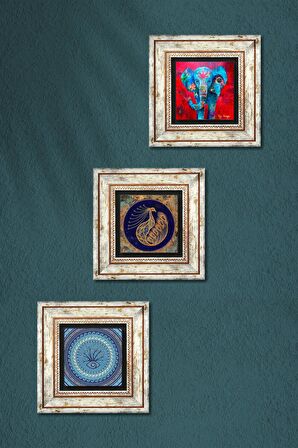 Fil, Nazar, Tavus Kuşu Taş Duvar Tablosu Çerçeveli Duvar Dekoru 3 Parça Tablo Seti Wall Art