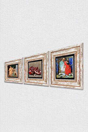 Kaplumbağa Terbiyecisi, İki Müzisyen Kız Tablosu, Nar Taş Duvar Tablosu Çerçeveli Duvar Dekoru 3 Parça Tablo Seti Wall Art