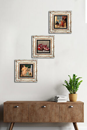 Satranç Oyunu, İki Müzisyen Kız Tablosu, Nar Taş Duvar Tablosu Çerçeveli Duvar Dekoru 3 Parça Tablo Seti Wall Art