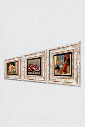 Satranç Oyunu, İki Müzisyen Kız Tablosu, Nar Taş Duvar Tablosu Çerçeveli Duvar Dekoru 3 Parça Tablo Seti Wall Art