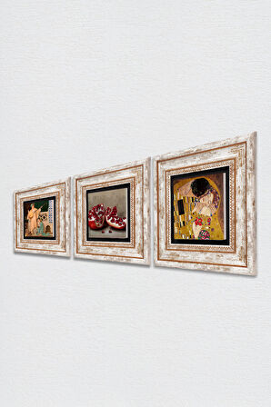 Gustav Klimt Öpücük, İki Müzisyen Kız Tablosu, Nar Taş Duvar Tablosu Çerçeveli Duvar Dekoru 3 Parça Tablo Seti Wall Art