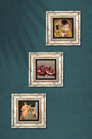 Gustav Klimt Öpücük, İki Müzisyen Kız Tablosu, Nar Taş Duvar Tablosu Çerçeveli Duvar Dekoru 3 Parça Tablo Seti Wall Art