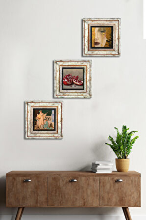 Gustav Klimt Altın Gözyaşları, İki Müzisyen Kız, Nar Taş Duvar Tablosu Çerçeveli Duvar Dekoru 3 Parça Tablo Seti Wall Art