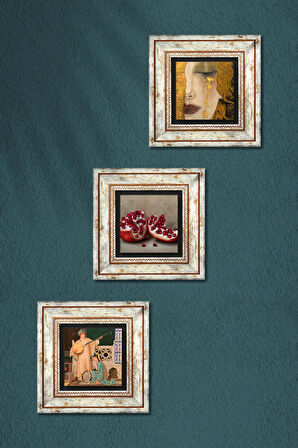 Gustav Klimt Altın Gözyaşları, İki Müzisyen Kız, Nar Taş Duvar Tablosu Çerçeveli Duvar Dekoru 3 Parça Tablo Seti Wall Art