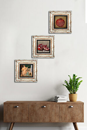 Bereket Duası, İki Müzisyen Kız Tablosu, Nar Taş Duvar Tablosu Çerçeveli Duvar Dekoru 3 Parça Tablo Seti Wall Art