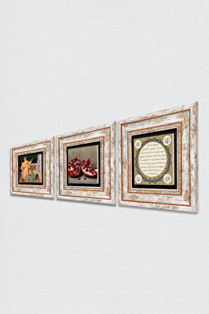 Hilye-i Şerif, İki Müzisyen Kız Tablosu, Nar Taş Duvar Tablosu Çerçeveli Duvar Dekoru 3 Parça Tablo Seti Wall Art