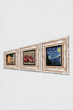 Van Gogh Yıldızlı Gece, İki Müzisyen Kız Tablosu, Nar Taş Duvar Tablosu Çerçeveli Duvar Dekoru 3 Parça Tablo Seti Wall Art