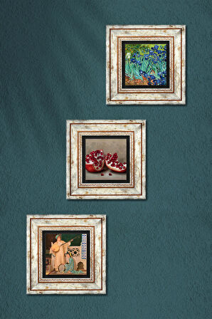 Van Gogh İrisler, İki Müzisyen Kız Tablosu, Nar Taş Duvar Tablosu Çerçeveli Duvar Dekoru 3 Parça Tablo Seti Wall Art