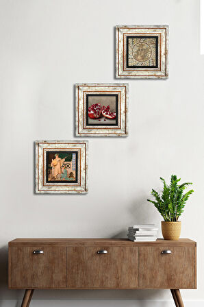 Mozaik Serisi, İki Müzisyen Kız Tablosu, Nar Taş Duvar Tablosu Çerçeveli Duvar Dekoru 3 Parça Tablo Seti Wall Art