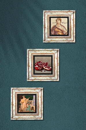 Soteria Mozaiği, İki Müzisyen Kız Tablosu, Nar Taş Duvar Tablosu Çerçeveli Duvar Dekoru 3 Parça Tablo Seti Wall Art