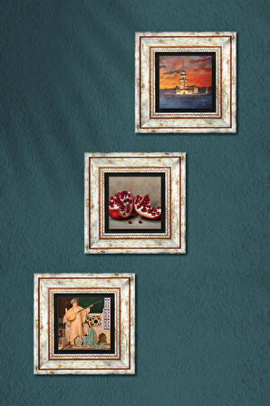 İstanbul Kız Kulesi, İki Müzisyen Kız Tablosu, Nar Taş Duvar Tablosu Çerçeveli Duvar Dekoru 3 Parça Tablo Seti Wall Art