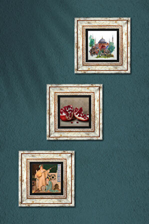 İstanbul Ayasofya, İki Müzisyen Kız Tablosu, Nar Taş Duvar Tablosu Çerçeveli Duvar Dekoru 3 Parça Tablo Seti Wall Art