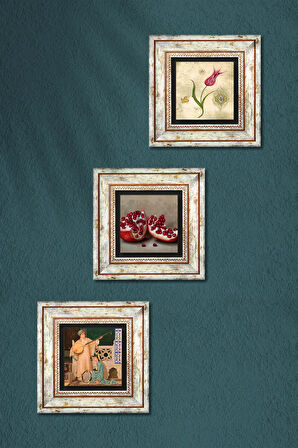 Lale Ebru Sanatı, İki Müzisyen Kız Tablosu, Nar Taş Duvar Tablosu Çerçeveli Duvar Dekoru 3 Parça Tablo Seti Wall Art