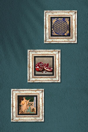 Yaşam Çiçeği, İki Müzisyen Kız Tablosu, Nar Taş Duvar Tablosu Çerçeveli Duvar Dekoru 3 Parça Tablo Seti Wall Art