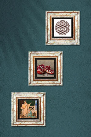 Yaşam Çiçeği, İki Müzisyen Kız Tablosu, Nar Taş Duvar Tablosu Çerçeveli Duvar Dekoru 3 Parça Tablo Seti Wall Art