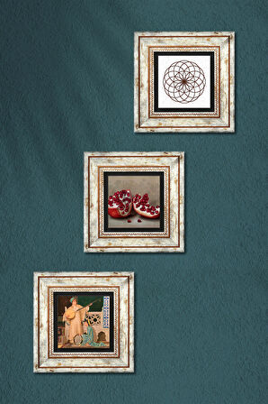 Yaşam Çiçeği, İki Müzisyen Kız Tablosu, Nar Taş Duvar Tablosu Çerçeveli Duvar Dekoru 3 Parça Tablo Seti Wall Art