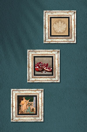 Lotus Çiçeği, İki Müzisyen Kız Tablosu, Nar Taş Duvar Tablosu Çerçeveli Duvar Dekoru 3 Parça Tablo Seti Wall Art