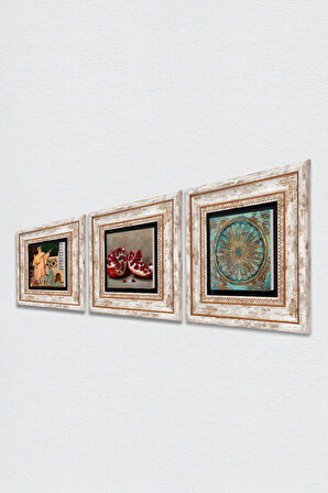 Yaşam Çiçeği, İki Müzisyen Kız Tablosu, Nar Taş Duvar Tablosu Çerçeveli Duvar Dekoru 3 Parça Tablo Seti Wall Art