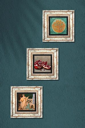 Lotus Çiçeği, İki Müzisyen Kız Tablosu, Nar Taş Duvar Tablosu Çerçeveli Duvar Dekoru 3 Parça Tablo Seti Wall Art