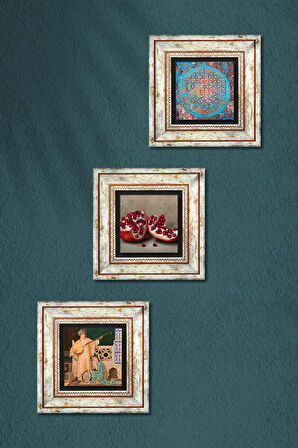 Yaşam Çiçeği, İki Müzisyen Kız Tablosu, Nar Taş Duvar Tablosu Çerçeveli Duvar Dekoru 3 Parça Tablo Seti Wall Art