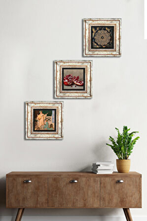 Sri Yantra, İki Müzisyen Kız Tablosu, Nar Taş Duvar Tablosu Çerçeveli Duvar Dekoru 3 Parça Tablo Seti Wall Art