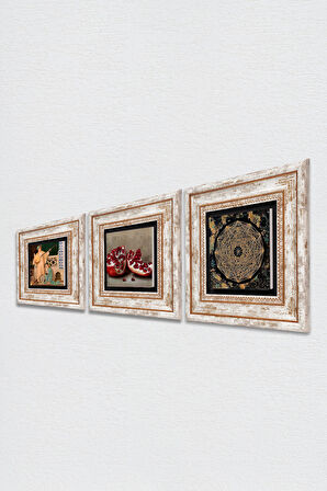 Sri Yantra, İki Müzisyen Kız Tablosu, Nar Taş Duvar Tablosu Çerçeveli Duvar Dekoru 3 Parça Tablo Seti Wall Art