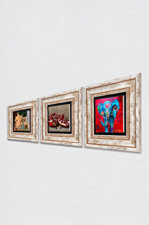 Fil, İki Müzisyen Kız Tablosu, Nar Taş Duvar Tablosu Çerçeveli Duvar Dekoru 3 Parça Tablo Seti Wall Art