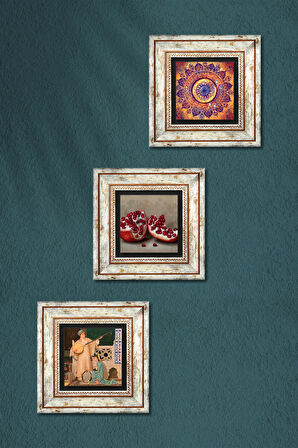 Mandala, İki Müzisyen Kız Tablosu, Nar Taş Duvar Tablosu Çerçeveli Duvar Dekoru 3 Parça Tablo Seti Wall Art