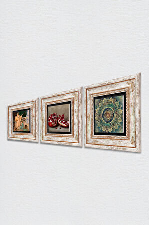 Mandala, İki Müzisyen Kız Tablosu, Nar Taş Duvar Tablosu Çerçeveli Duvar Dekoru 3 Parça Tablo Seti Wall Art