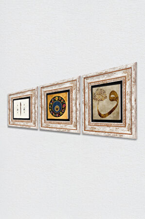 Vav, Elif, Nazar Boncuğu Taş Duvar Tablosu Çerçeveli Duvar Dekoru 3 Parça Tablo Seti Wall Art