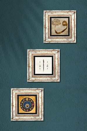 Vav, Elif, Nazar Boncuğu Taş Duvar Tablosu Çerçeveli Duvar Dekoru 3 Parça Tablo Seti Wall Art