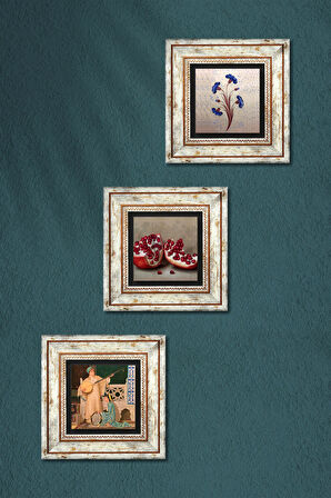 Ebru Sanatı, İki Müzisyen Kız Tablosu, Nar Taş Duvar Tablosu Çerçeveli Duvar Dekoru 3 Parça Tablo Seti Wall Art