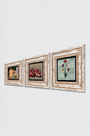 Ebru Sanatı, İki Müzisyen Kız Tablosu, Nar Taş Duvar Tablosu Çerçeveli Duvar Dekoru 3 Parça Tablo Seti Wall Art