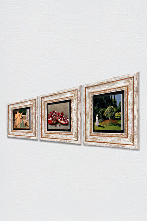 Claude Monet Bahçedeki Kadın, İki Müzisyen Kız, Nar Taş Duvar Tablosu Çerçeveli Duvar Dekoru 3 Parça Tablo Seti Wall Art