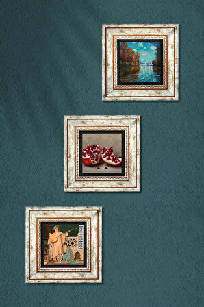 Claude Monet Sonbahar, İki Müzisyen Kız Tablosu, Nar Taş Duvar Tablosu Çerçeveli Duvar Dekoru 3 Parça Tablo Seti Wall Art