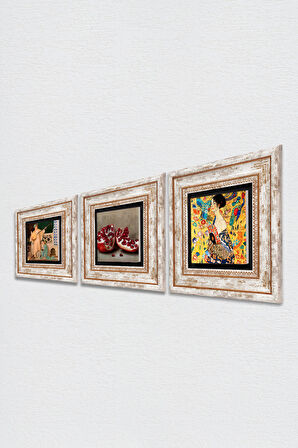 Gustav Klimt Yelpazeli Kadın, İki Müzisyen Kız, Nar Taş Duvar Tablosu Çerçeveli Duvar Dekoru 3 Parça Tablo Seti Wall Art