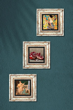 Gustav Klimt Yelpazeli Kadın, İki Müzisyen Kız, Nar Taş Duvar Tablosu Çerçeveli Duvar Dekoru 3 Parça Tablo Seti Wall Art