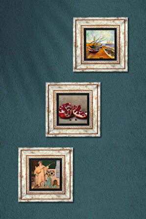 Van Gogh Balıkçı Tekneleri, İki Müzisyen Kız Tablosu, Nar Taş Duvar Tablosu Çerçeveli Duvar Dekoru 3 Parça Tablo Seti Wall Art