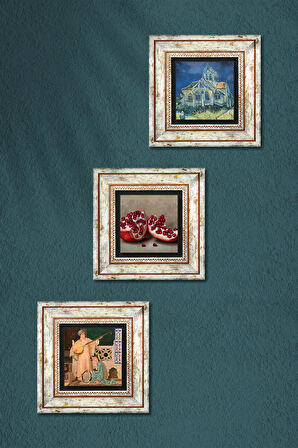 Van Gogh Auvers'deki Kilise, İki Müzisyen Kız Tablosu, Nar Taş Duvar Tablosu Çerçeveli Duvar Dekoru 3 Parça Tablo Seti Wall Art