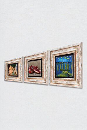 Van Gogh Ren Nehri, İki Müzisyen Kız, Nar Taş Duvar Tablosu Çerçeveli Duvar Dekoru 3 Parça Tablo Seti Wall Art