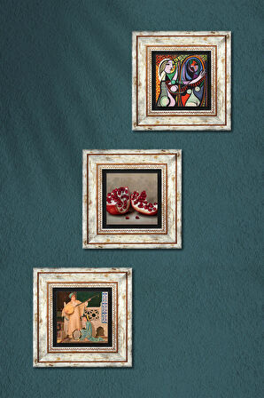 Picasso Ayna Karşısındaki Kız, İki Müzisyen Kız, Nar Taş Duvar Tablosu Çerçeveli Duvar Dekoru 3 Parça Tablo Seti Wall Art