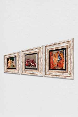 Picasso Avignonlu Kızlar, İki Müzisyen Kız Tablosu, Nar Taş Duvar Tablosu Çerçeveli Duvar Dekoru 3 Parça Tablo Seti Wall Art