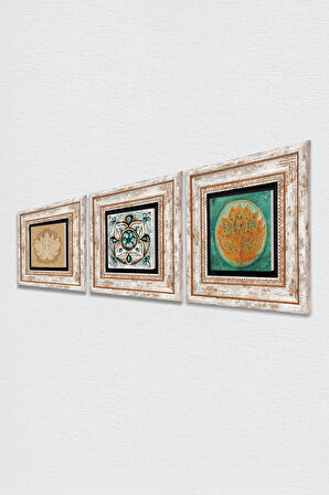 Lotus Çiçeği, Çini Sanatı Taş Duvar Tablosu Çerçeveli Duvar Dekoru 3 Parça Tablo Seti Wall Art