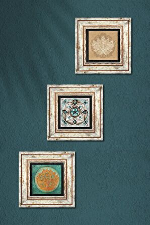 Lotus Çiçeği, Çini Sanatı Taş Duvar Tablosu Çerçeveli Duvar Dekoru 3 Parça Tablo Seti Wall Art