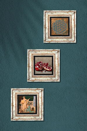 Yaşam Çiçeği, İki Müzisyen Kız Tablosu, Nar Taş Duvar Tablosu Çerçeveli Duvar Dekoru 3 Parça Tablo Seti Wall Art