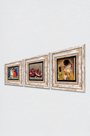 Gustav Klimt Öpücük, Kaplumbağa Terbiyecisi, Nar Taş Duvar Tablosu Çerçeveli Duvar Dekoru 3 Parça Tablo Seti Wall Art